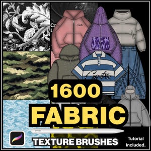 Op de afbeelding: Een digitale collectie van 1600 textuurpenselen voor stof voor Procreate, met diverse patronen zoals zwart-wit bloemen, groen camouflage en blauwe camo. Bevat illustraties van hoodies, een poloshirt en een donsjack met een broek.