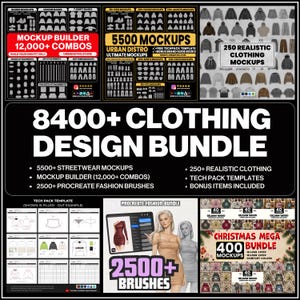 Más de 8400 maquetas de ropa, mega paquete para diseñadores de moda, pinceles Procreate, vectores de ropa urbana, plantilla Tech Pack