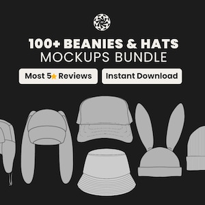 Può includere: Un pacchetto di mockup di cappelli e berretti in scala di grigi. L'immagine include un cappello da cacciatore, un cappello con paraorecchie, un berretto da baseball, un cappello da pescatore, un cappello con orecchie da coniglio e un berretto. Testo: "100+ Beanies & Hats Mockups Bundle".