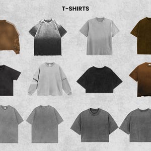 May include: A collection of various t-shirts in different colors and styles. The shirts include short-sleeve and long-sleeve options, with a range of solid colors and gradient designs. The image features the text "T-SHIRTS" at the top.