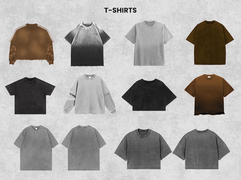 May include: A collection of various t-shirts in different colors and styles. The shirts include short-sleeve and long-sleeve options, with a range of solid colors and gradient designs. The image features the text "T-SHIRTS" at the top.