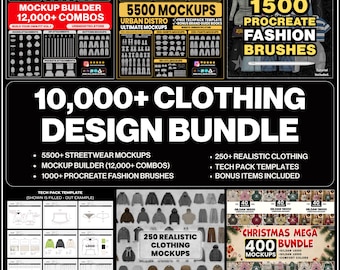 Über 10,000 Bekleidungs-Mockups im Paket, Mega-Paket für Modedesigner, Procreate-Pinsel, Streetwear-Vektor-Mockups, Tech-Pack-Vorlage