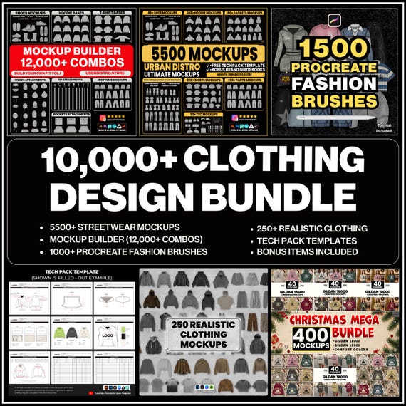 10,000+ Clothing Mockups, Procreate Brushes, Tech Pack Template, Streetwear Design Bundle, Full Brand Kit (Digital Download)