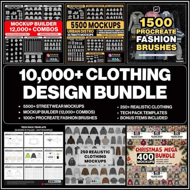 May include: A promotional graphic for a clothing design bundle. The image features text that reads "10,000+ Clothing Design Bundle" with various mockups and design elements. Includes 5500+ streetwear mockups, a mockup builder, and 1500 Procreate fashion brushes.