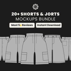 Paquete de 25 maquetas de pantalones cortos y vaqueros cortos / Plantillas vectoriales de ropa urbana para marcas y diseñadores / Maquetas de moda editables en formato SVG y PNG