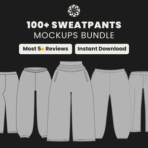 Może przedstawiać: Grafika przedstawiająca pięć szarych makiet spodni dresowych na czarnym tle. Tekst brzmi "100+ Sweatpants Mockups Bundle" z "Most 5 Reviews" i "Instant Download" poniżej. Okrągłe logo u góry.