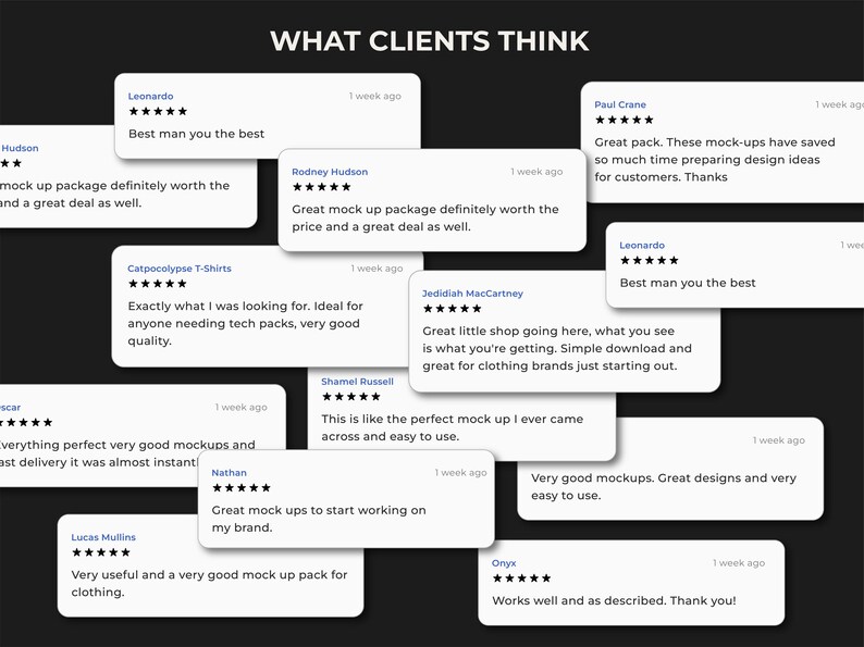 May include: A graphic displaying customer testimonials on a black background. White rectangular cards with text and star ratings are scattered across the image. The text includes phrases like "Great mock ups" and "Very useful".
