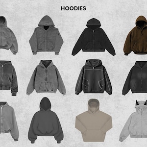 May include: A collection of hoodies in various colors and styles. The image features zip-up hoodies in shades of gray, black, and brown. Some hoodies have unique details like contrasting stitching or a hood with horns. The word "HOODIES" is at the top.