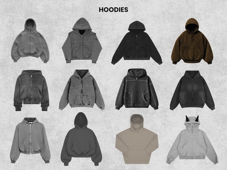 May include: A collection of hoodies in various colors and styles. The image features zip-up hoodies in shades of gray, black, and brown. Some hoodies have unique details like contrasting stitching or a hood with horns. The word "HOODIES" is at the top.
