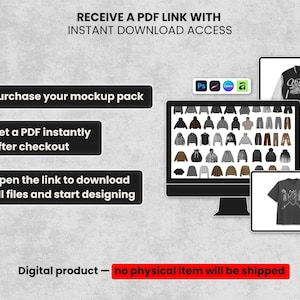 May include: Image showcasing a digital mockup pack with instant download access. The image includes a computer screen displaying various clothing mockups, along with smaller screens featuring a varsity jacket and a t-shirt design. The text indicates a digital product.