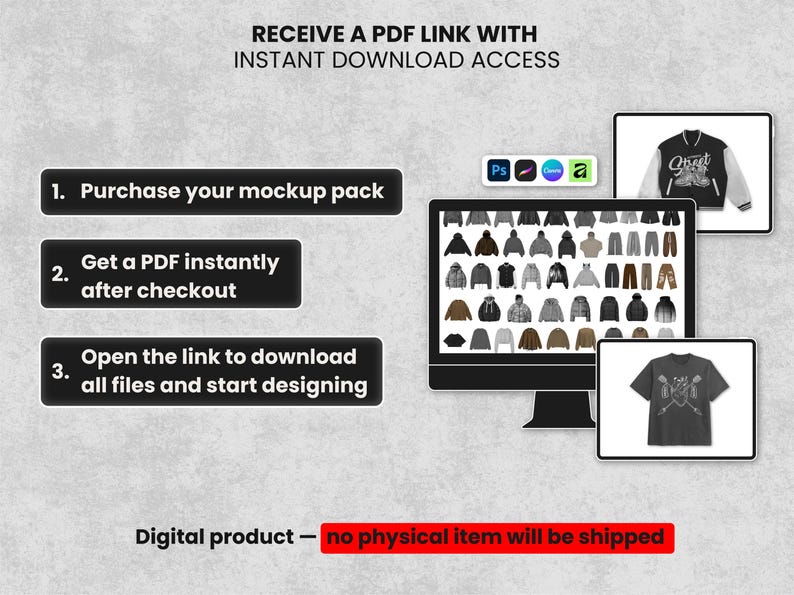 May include: Image showcasing a digital mockup pack with instant download access. The image includes a computer screen displaying various clothing mockups, along with smaller screens featuring a varsity jacket and a t-shirt design. The text indicates a digital product.
