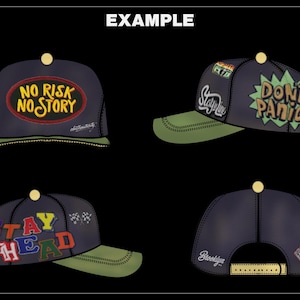 K&ouml;nnte beinhalten: Vier Baseballkappen mit verschiedenen Designs. Eine Kappe hat den Text "NO RISK NO STORY", eine andere sagt "DON'T PANIC", und eine dritte sagt "STAY AHEAD". Die vierte Kappe hat "Brooklyn" und Spielkarten auf der R&uuml;ckseite.