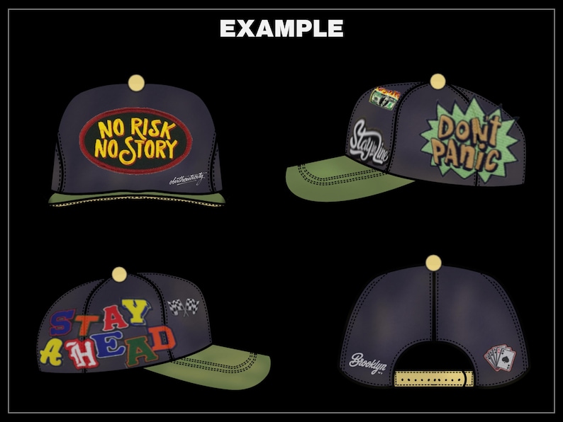 K&ouml;nnte beinhalten: Vier Baseballkappen mit verschiedenen Designs. Eine Kappe hat den Text "NO RISK NO STORY", eine andere sagt "DON'T PANIC", und eine dritte sagt "STAY AHEAD". Die vierte Kappe hat "Brooklyn" und Spielkarten auf der R&uuml;ckseite.