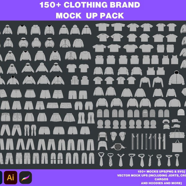 100+ Clothing brand Vector  mock up pack. Including hoodies, Jorts, Tees, Balaclavas, Coats, Sweaters, Jeans, Ties, Custom pockets and more.