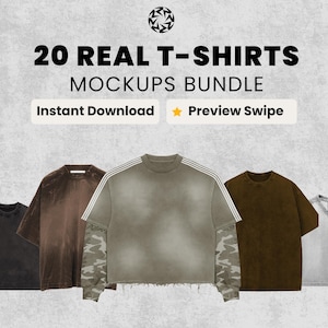 Puede incluir: Un paquete de maquetas de 20 camisetas en varios estilos y colores, incluyendo negro, marrón y gris. La imagen muestra el texto "20 REAL T-SHIRTS MOCKUPS BUNDLE", "Instant Download" y "Preview Swipe".