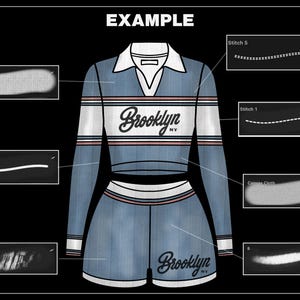 K&ouml;nnte beinhalten: Ein blau-wei&szlig;es zweiteiliges Outfit mit dem Wort "Brooklyn" in einer Schreibschrift. Das lang&auml;rmlige Oberteil hat einen wei&szlig;en Kragen und einen wei&szlig;en Streifen &uuml;ber der Brust. Die Shorts haben das gleiche Design. Das Wort "EXAMPLE" steht oben.