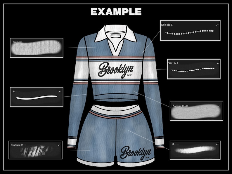 K&ouml;nnte beinhalten: Ein blau-wei&szlig;es zweiteiliges Outfit mit dem Wort "Brooklyn" in einer Schreibschrift. Das lang&auml;rmlige Oberteil hat einen wei&szlig;en Kragen und einen wei&szlig;en Streifen &uuml;ber der Brust. Die Shorts haben das gleiche Design. Das Wort "EXAMPLE" steht oben.