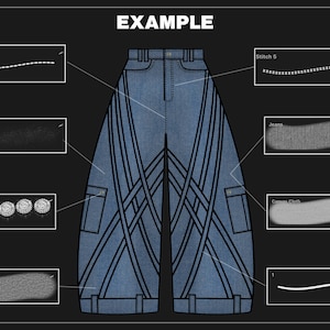 May include: A detailed illustration of blue denim jeans with a unique design. The jeans feature a series of black lines overlaying the front, pockets, and various fabric textures. The word "EXAMPLE" is at the top.
