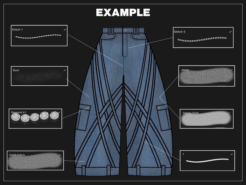 May include: A detailed illustration of blue denim jeans with a unique design. The jeans feature a series of black lines overlaying the front, pockets, and various fabric textures. The word "EXAMPLE" is at the top.
