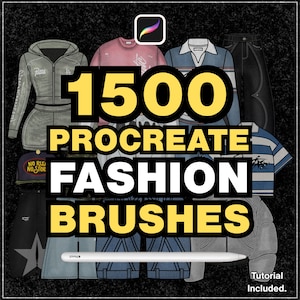 Op de afbeelding: Digitale illustratie van verschillende mode-items, waaronder een trainingspak, t-shirts en jeans. De afbeelding toont de tekst "1500 Procreate Fashion Brushes" en een Procreate app-logo. Een stylus is ook inbegrepen.