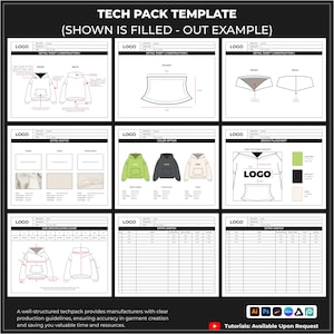 May include: A tech pack template with multiple sections for fashion design. The top of the image reads "TECH PACK TEMPLATE (SHOWN IS FILLED - OUT EXAMPLE)". Sections include detail sheets, color options, and design placement. The bottom of the image reads "Tutorials: Available Upon Request".