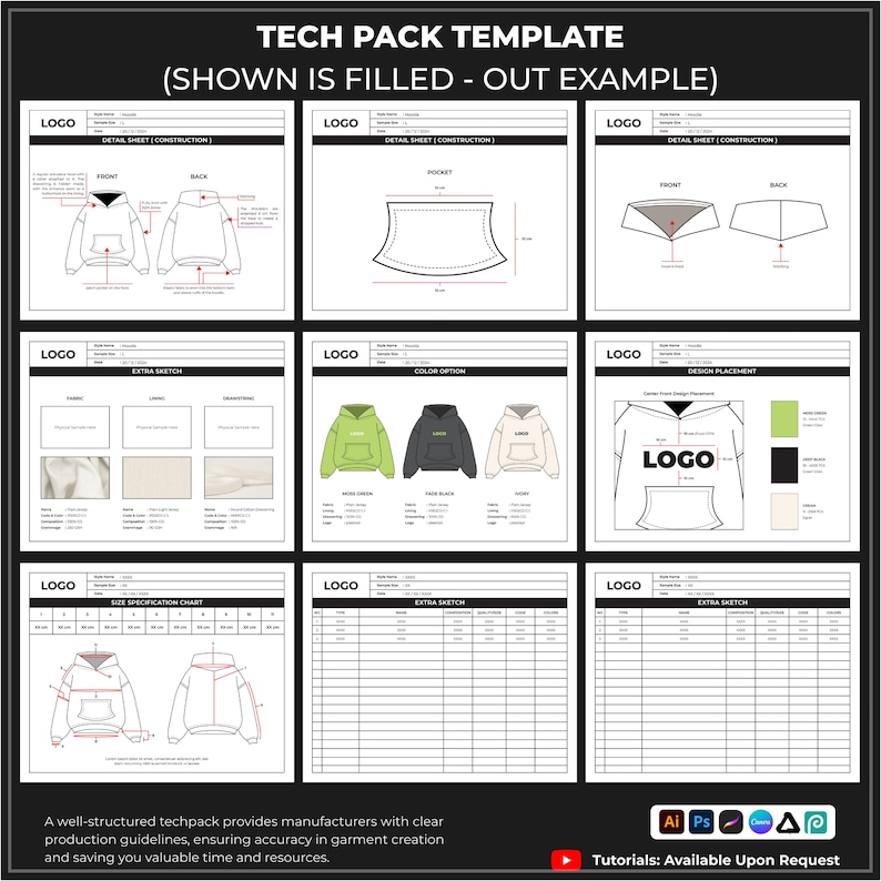 May include: A tech pack template with multiple sections for fashion design. The top of the image reads "TECH PACK TEMPLATE (SHOWN IS FILLED - OUT EXAMPLE)". Sections include detail sheets, color options, and design placement. The bottom of the image reads "Tutorials: Available Upon Request".