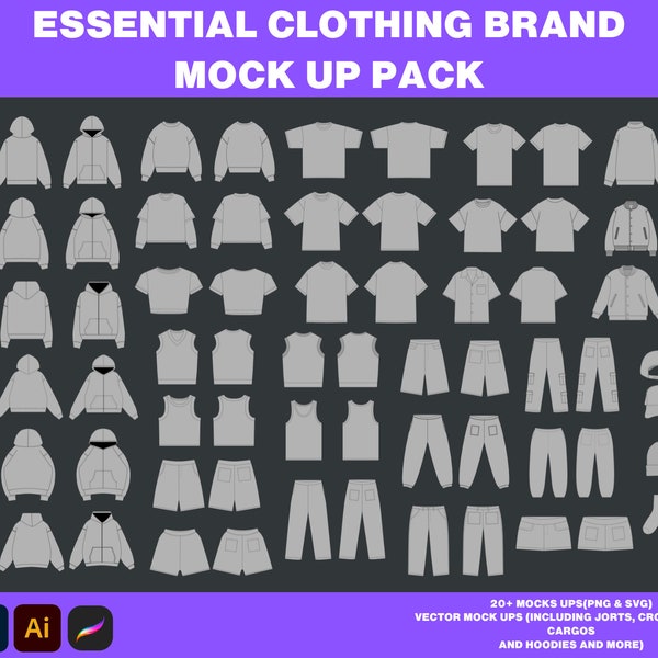 Paquete de maquetas de marca de ropa que incluye sudaderas con capucha, camisetas, jorts, gorras y mucho más.