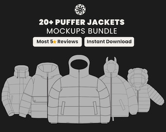 Mockupbundel 20+ pufferjassen | Streetwear-vectorsjablonen voor winterjassen en modemerken | SVG-png-pakket voor directe download