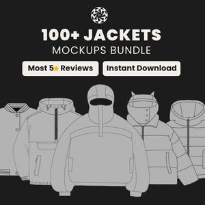以下が含まれることがあります： 黒い背景に、100以上のジャケットのデジタルモックアップバンドル。ジャケットはグレーと白の色合いで、さまざまなスタイルを示しています。「100+ JACKETS MOCKUPS BUNDLE」、「Most 5 Reviews」、「Instant Download」の文字が含まれています。