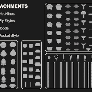 May include: A black and white graphic showing various garment attachments. The image includes 70 necklines, 20 zip styles, 15 hoods, and 37 pocket styles. The text "ATTACHMENTS" is at the top.