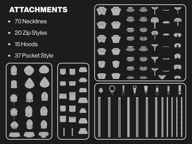 May include: A black and white graphic showing various garment attachments. The image includes 70 necklines, 20 zip styles, 15 hoods, and 37 pocket styles. The text "ATTACHMENTS" is at the top.
