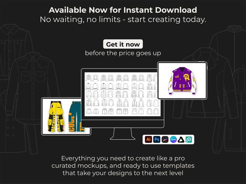 May include: A digital mockup design advertisement featuring a computer monitor displaying various clothing templates. Two tablets show a yellow jacket and blue pants design, and a purple varsity jacket. Text reads "Available Now for Instant Download".