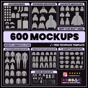 600 klädmockups, nödvändighetspaket | SVG- och PNG-modevektormallar för varumärken och designers | Klädmockuppaket Ai Png Svg