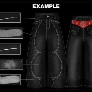 K&ouml;nnte beinhalten: Schwarze Jeanshose mit wei&szlig;en N&auml;hten und einem roten Bandana-R&uuml;ckentaschendetail. Die Hose hat ein weites Bein-Design und dekorative N&auml;hte. Das Wort "EXAMPLE" steht oben im Bild.