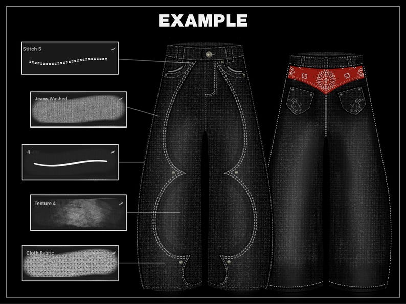 K&ouml;nnte beinhalten: Schwarze Jeanshose mit wei&szlig;en N&auml;hten und einem roten Bandana-R&uuml;ckentaschendetail. Die Hose hat ein weites Bein-Design und dekorative N&auml;hte. Das Wort "EXAMPLE" steht oben im Bild.