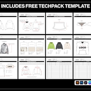 K&ouml;nnte beinhalten: Eine schwarze Grafik mit dem Text &bdquo;INCLUDES FREE TECHPACK TEMPLATE&ldquo; oben. Die Grafik enth&auml;lt mehrere detaillierte technische Zeichnungen eines Hoodies, Farbmuster und eine Gr&ouml;&szlig;enspezifikationstabelle. Software-Icons befinden sich unten.