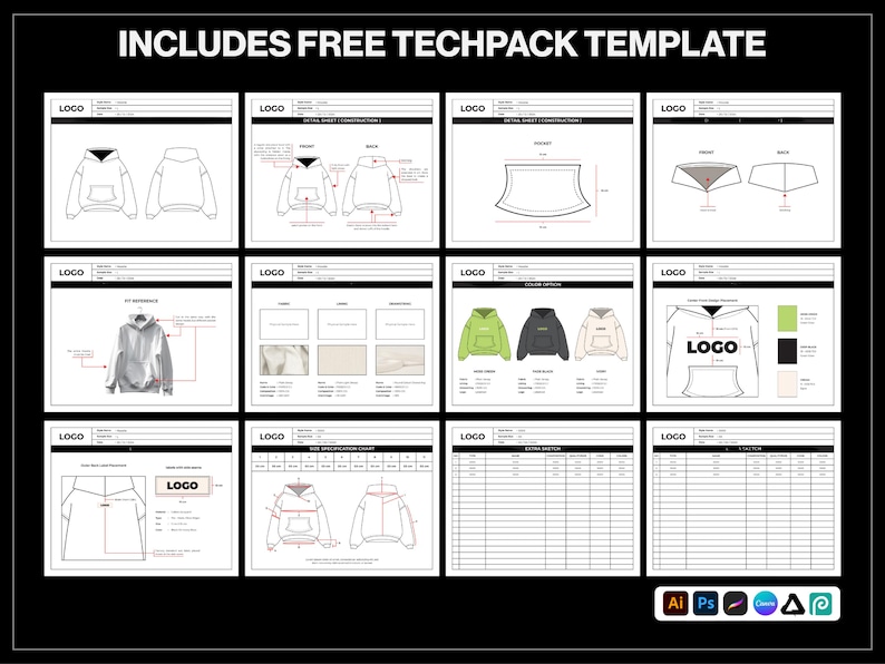 K&ouml;nnte beinhalten: Eine schwarze Grafik mit dem Text &bdquo;INCLUDES FREE TECHPACK TEMPLATE&ldquo; oben. Die Grafik enth&auml;lt mehrere detaillierte technische Zeichnungen eines Hoodies, Farbmuster und eine Gr&ouml;&szlig;enspezifikationstabelle. Software-Icons befinden sich unten.