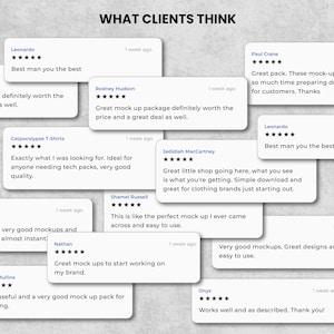May include: Image featuring customer testimonials on a light gray background. The text "WHAT CLIENTS THINK" is at the top. Several white rectangular cards display reviews with star ratings and customer names, praising mockups and design resources.