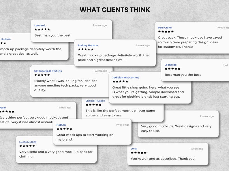 May include: Image featuring customer testimonials on a light gray background. The text "WHAT CLIENTS THINK" is at the top. Several white rectangular cards display reviews with star ratings and customer names, praising mockups and design resources.
