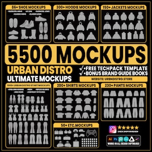 May include: A black graphic with text and illustrations showcasing 5500 mockups for apparel design. Includes shoe, hoodie, jacket, shirt, and pants mockups, plus free techpack templates and brand guide books. Website address is included.