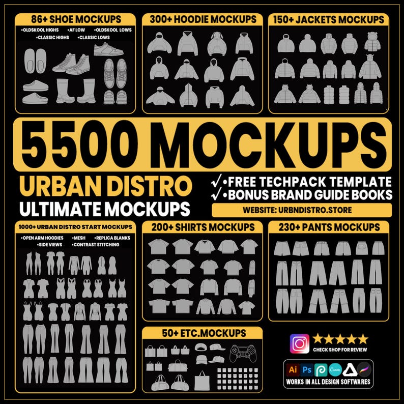 May include: A black graphic with text and illustrations showcasing 5500 mockups for apparel design. Includes shoe, hoodie, jacket, shirt, and pants mockups, plus free techpack templates and brand guide books. Website address is included.