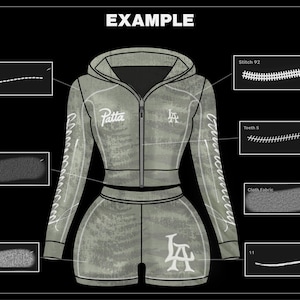 K&ouml;nnte beinhalten: Illustration eines hellgr&uuml;nen Trainingsanzugs, bestehend aus einer Kapuzenjacke mit Rei&szlig;verschluss und Shorts. Jacke und Shorts zeigen wei&szlig;en Text und Logos. Das Wort "EXAMPLE" steht oben im Bild.