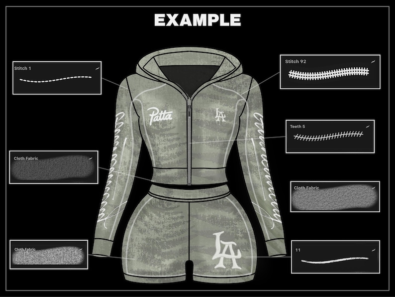 K&ouml;nnte beinhalten: Illustration eines hellgr&uuml;nen Trainingsanzugs, bestehend aus einer Kapuzenjacke mit Rei&szlig;verschluss und Shorts. Jacke und Shorts zeigen wei&szlig;en Text und Logos. Das Wort "EXAMPLE" steht oben im Bild.