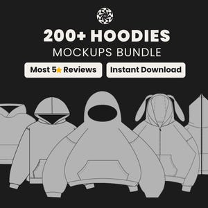 Könnte beinhalten: Grafik mit fünf grauen Hoodie-Mockups. Der Text lautet "200+ Hoodies Mockups Bundle" mit den Sätzen "Most 5 Reviews" und "Instant Download" in weißen Kästchen. Der Hintergrund ist schwarz.