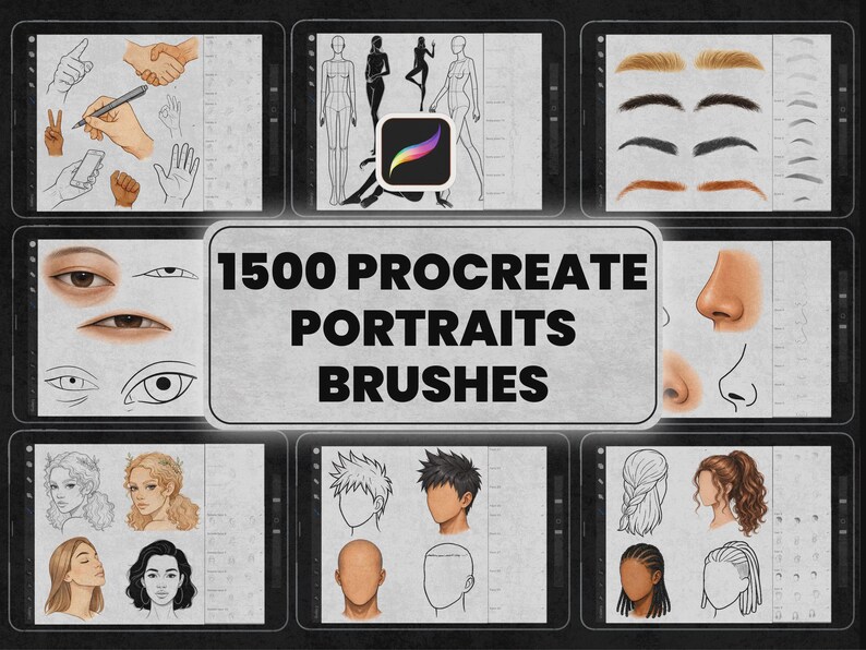 May include: Digital art brushes for Procreate, featuring a variety of portrait elements. The image displays examples of eyes, noses, hair, and hand gestures. The text in the center reads "1500 Procreate Portraits Brushes".