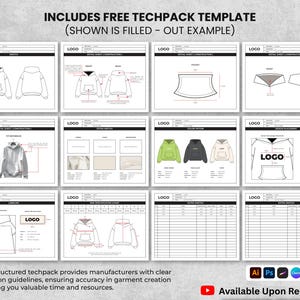 May include: A techpack template with detailed diagrams and specifications for apparel design. The template includes front and back views, detail sheets, and color options. Text on the image includes "INCLUDES FREE TECHPACK TEMPLATE" and "Available Upon Request."