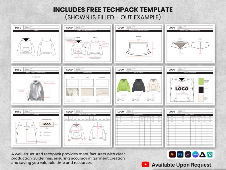 May include: A techpack template with detailed diagrams and specifications for apparel design. The template includes front and back views, detail sheets, and color options. Text on the image includes "INCLUDES FREE TECHPACK TEMPLATE" and "Available Upon Request."