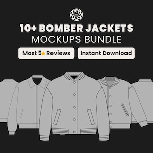 Könnte beinhalten: Schwarzer Hintergrund mit dem Text "10+ Bomber Jackets Mockups Bundle". Darunter fünf graue Bomberjacken-Designs. Die Texte "Most 5 Reviews" und "Instant Download" befinden sich in weißen Kästchen.