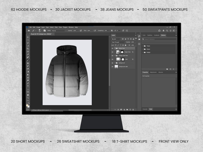 May include: A computer monitor displays a mockup of a black and gray gradient puffer jacket with a hood. The screen also shows a design program interface. Text at the top reads: 62 HOODIE MOCKUPS - 30 JACKET MOCKUPS - 38 JEANS MOCKUPS - 50 SWEATPANTS MOCKUPS. At the bottom: 20 SHORT MOCKUPS - 26 SWEATSHIRT MOCKUPS - 18 T-SHIRT MOCKUPS - FRONT VIEW ONLY.