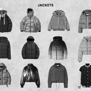May include: A collection of jackets in various styles, displayed in black and white. The jackets include puffer coats, a leather bomber, and a varsity jacket. The word "JACKETS" is at the top of the image.